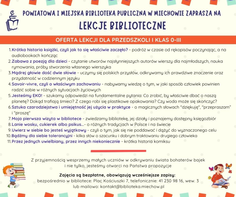 informacja o organizowanych lekcjach bibliotecznych dla przedszkoli i klasy 0-3